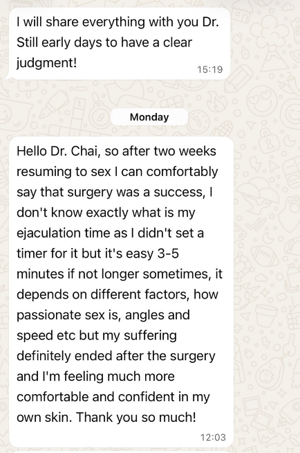 Patient message to Dr. Chai two weeks after SDN — surgery a success, lasting 3–5 分钟, suffering ended, feeling more confident.